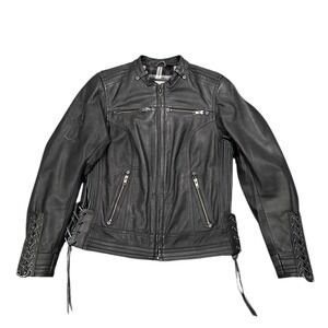 Harley Davidson Leather Riding Jacket Womens Medium Black Lace Up Embroidered